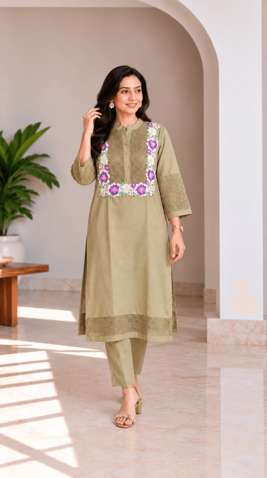Sage Green Floral Embroidered Mul Chanderi Suit