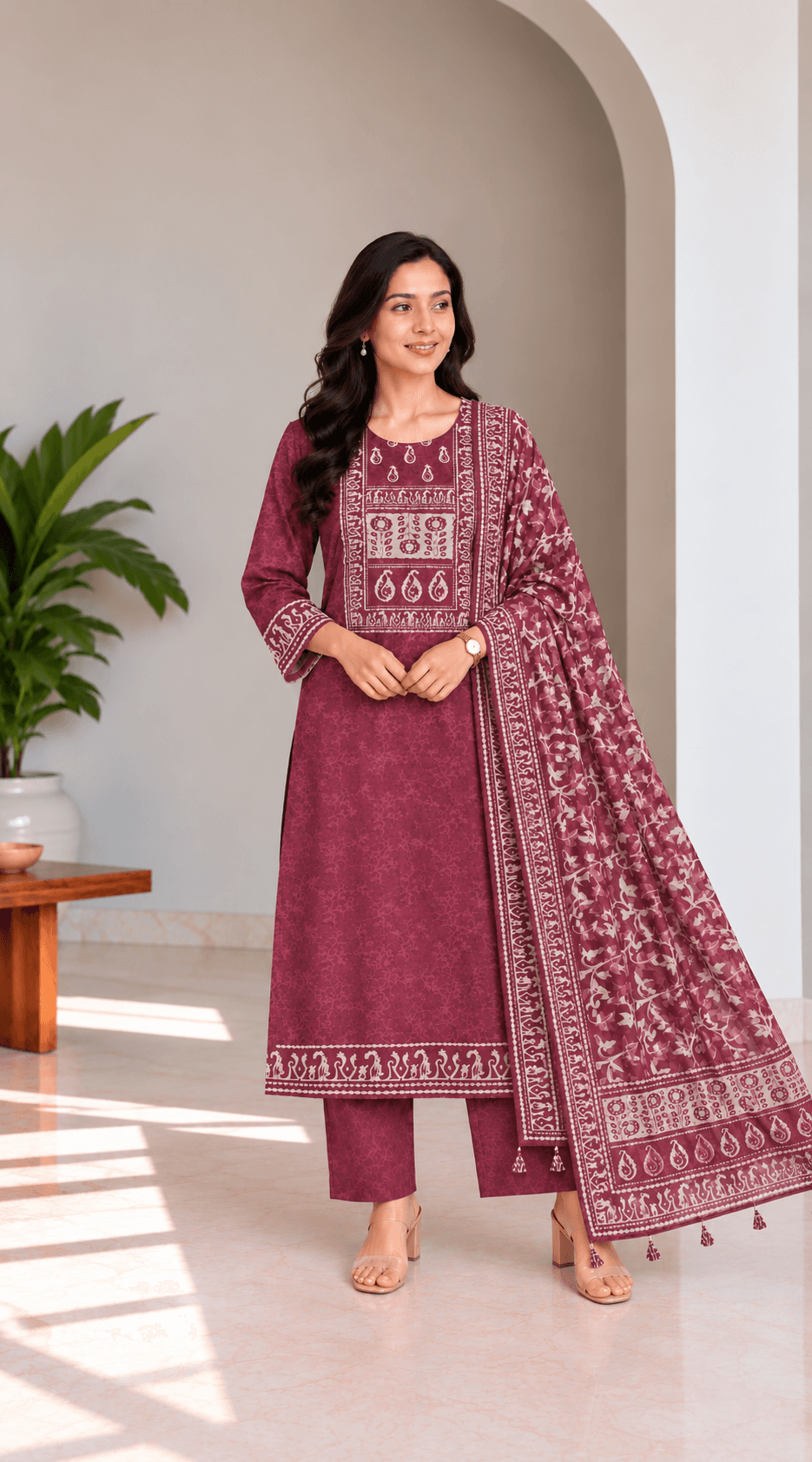 Wine Maroon Ethnic Printed Chanderi Suit Set