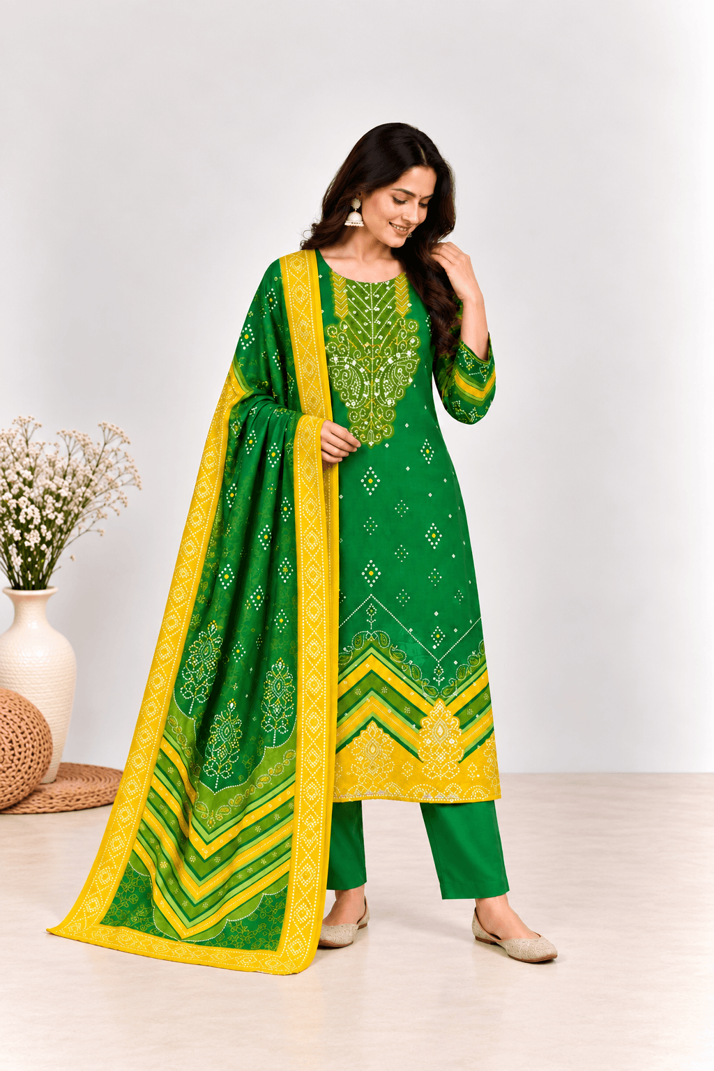 Emerald Green & Yellow Ethnic Printed Chinon Suit Set with Dupatta