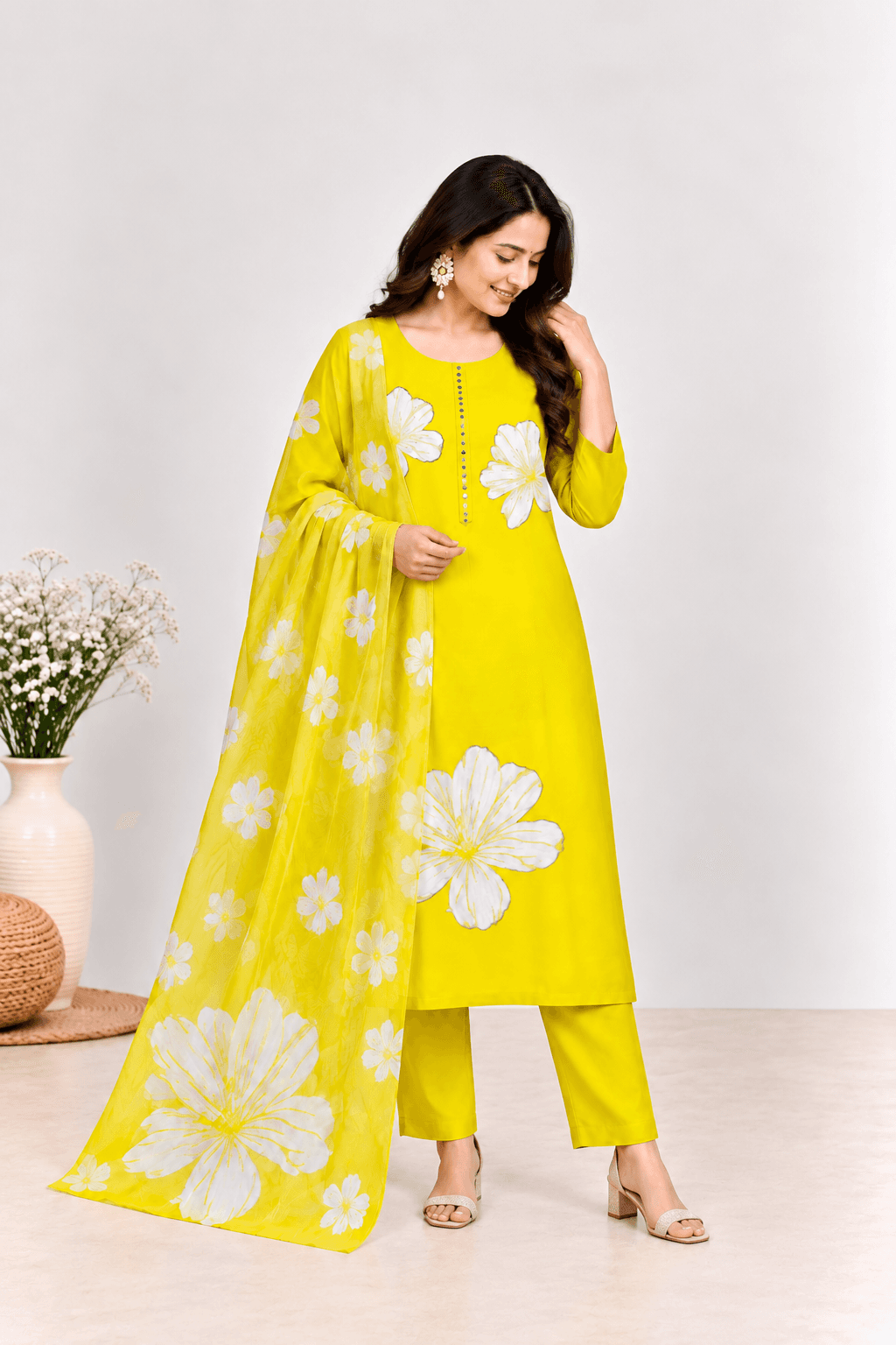 Sunshine Yellow Floral Printed Roman Silk Suit Set with Dupatta