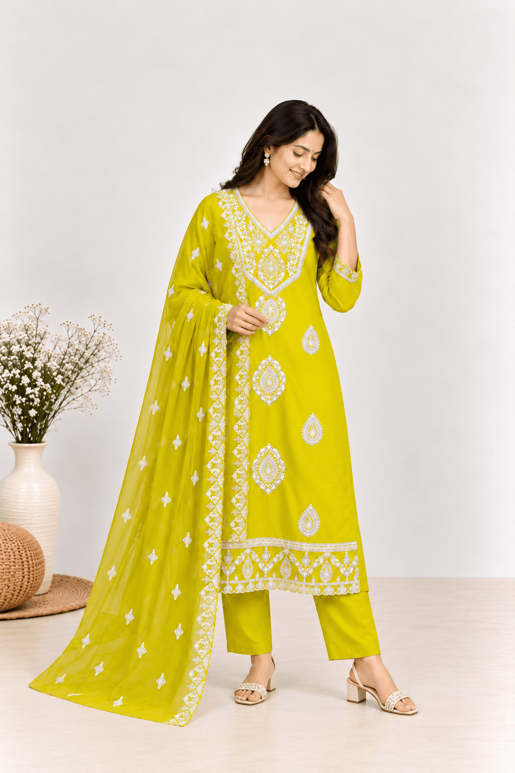 Lime Yellow Embroidered Roman Silk Suit Set with Dupatta