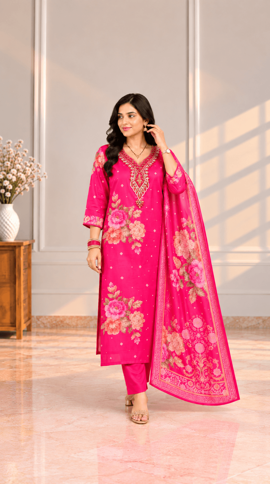 Rani Pink Floral Printed Crepe Suit Set with Embroidered Neckline & Dupatta